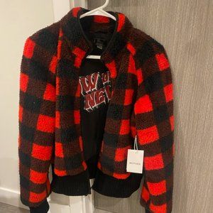 MOTHER  Denim The Funnel Neck Ribbed Jacket Buffalo Plaid teatime